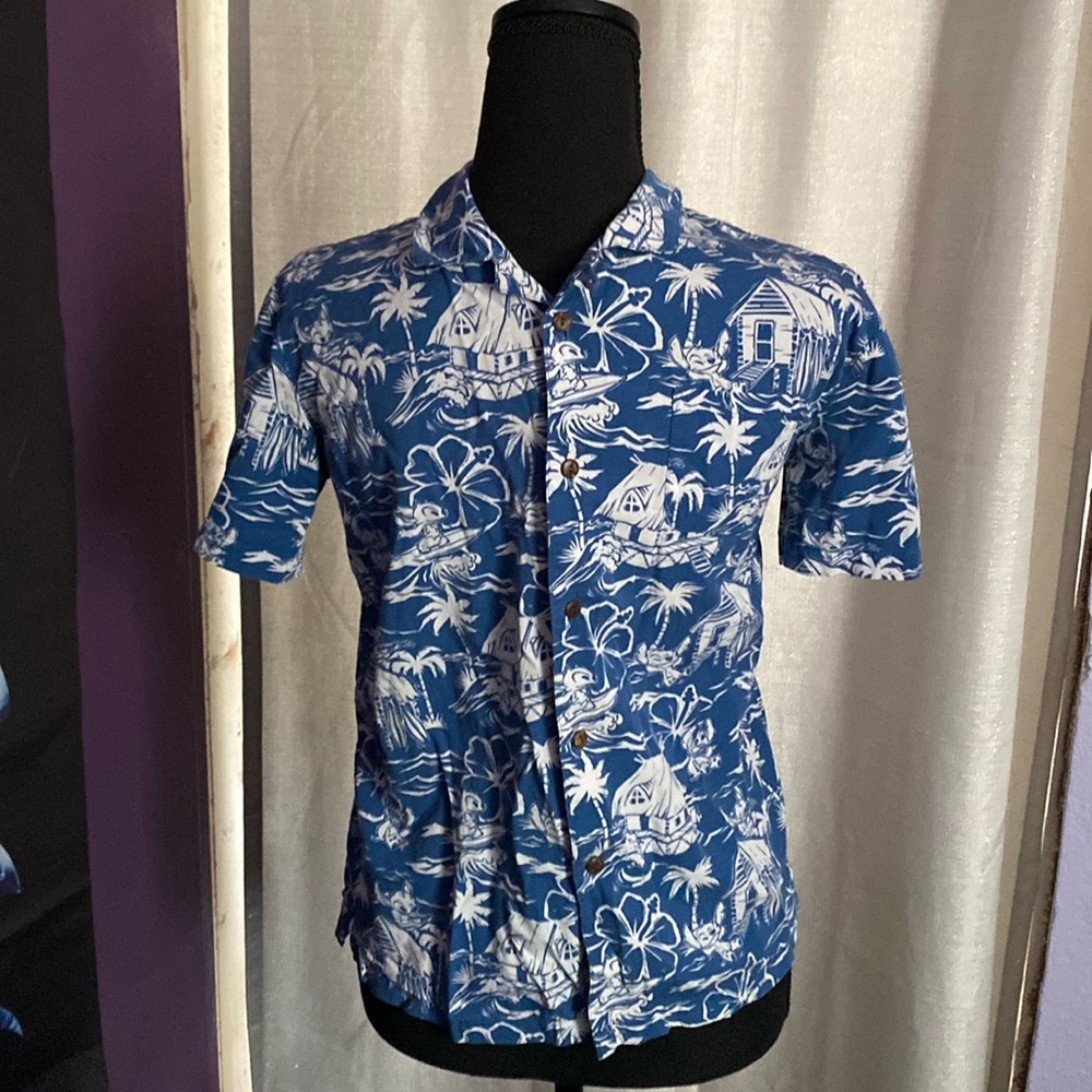 Disney Blue and White Hawaiian Button-Down Shirt
